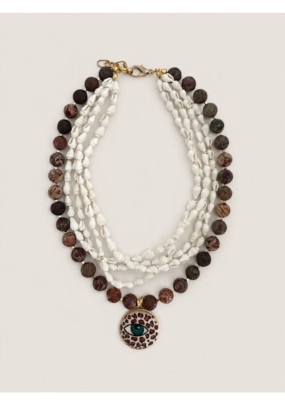 El Yapımı Kahverengi Jasper & Gerçek Deniz Kabuğu Kolye Seti Kahverengi - Beyaz
