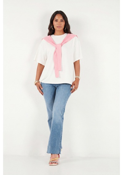 Lela Rahat Kalıp Bisiklet Yaka Omuz Şal Detaylı T Shirt Bayan T Shirt 5867044 Ekru-pembe