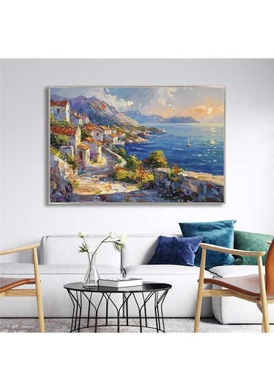 Yağlı Boya Dokulu Tablo Modern Spatula Akdeniz Evleri Manzarası Gümüş Çerçeveli U06039-179004