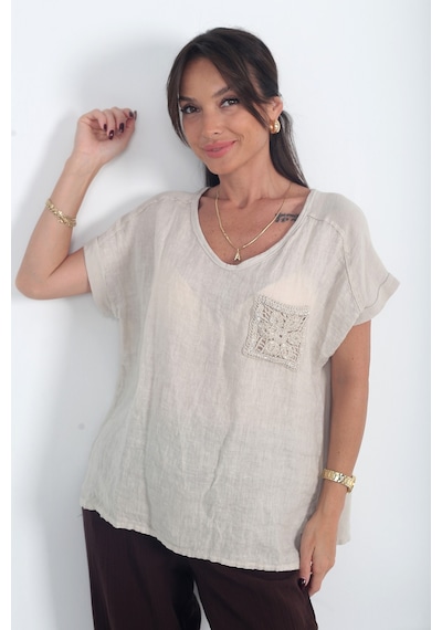 By Saygı Kadın İtalyan Cotton V Yaka Örgü Dantel Tek Cepli Oversize Keten Bluz Bej