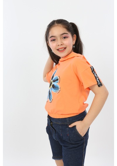 Toontoy Kids Toontoy Kız Çocuk Önü Çiçek Baskılı Tişört Oranj