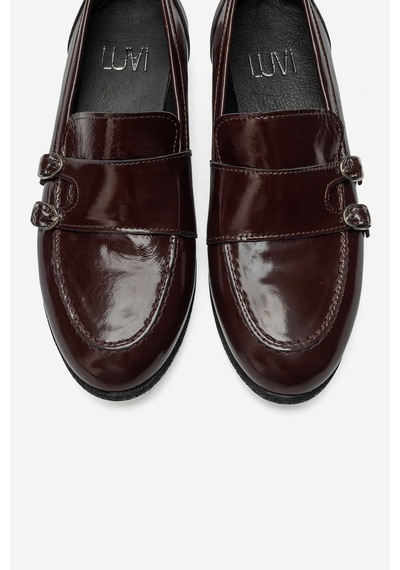 Luvi Shoes Daly Bordo Kırışık Rugan Hakiki Deri Tokalı Kadın Loafer Ayakkabı