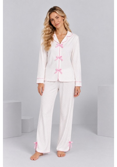 Pijamask Kadın Beyaz Pembe Puantiyeli Fiyonk Detaylı Bol Paça Pijama Takımı Beyaz