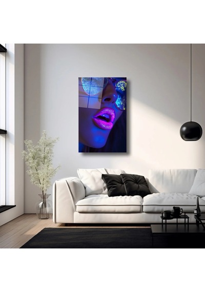 Neon Detaylı Kadın Yüzü Cam Tablo Modern Portre Duvar Dekoru 50