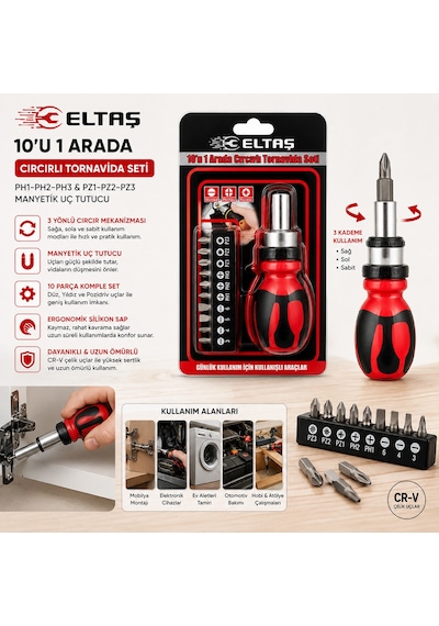 10ın1 Silikon Sap - Cr-v Cırcırlı Tornavida Bits Seti Ph1-ph2-ph-3 - Pz1-pz2-pz3 Manyetik Uç Tutucu