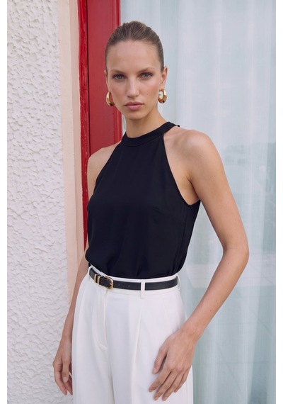 Sateen Halter Yaka Bluz - Siyah-137728