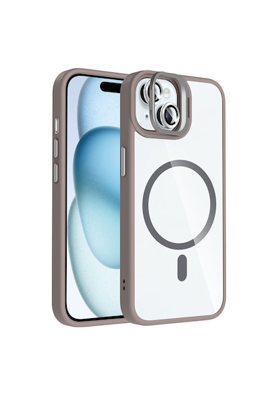Zore iPhone Uyumlu 15 Kılıf Standlı Ve Kamera Lens Hediyeli M-safe Şarj Özellikli Ogaa Etro Kapak - Gri