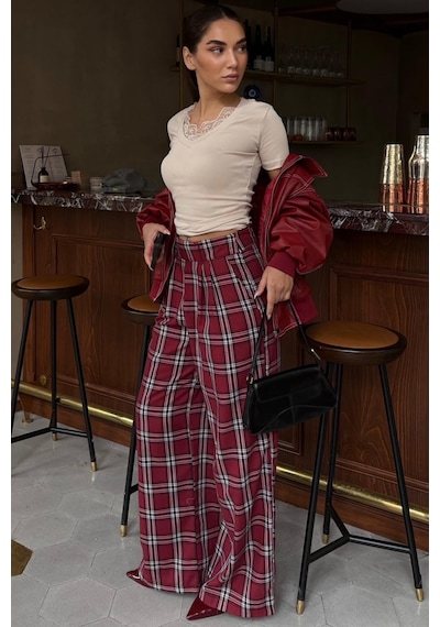 Madmext Bordo Kare Desenli Rahat Kesim Pantolon Mg2728