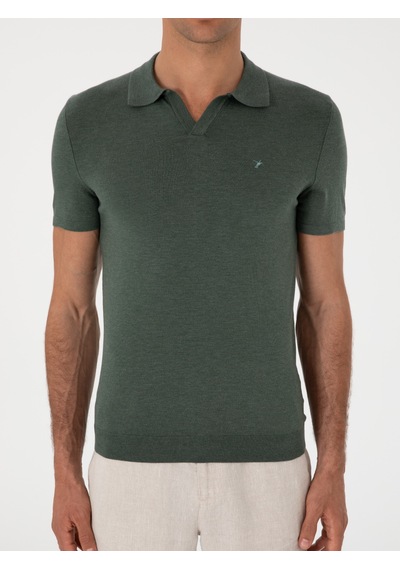 Koyu Yeşil Slim Fit Apaş Yaka Triko T-shirt