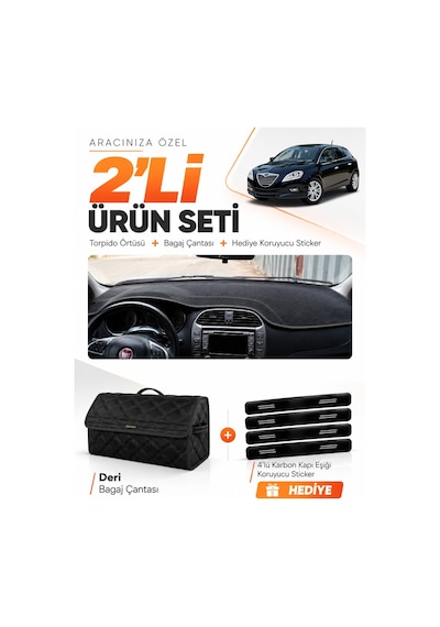 E-biz Lancia Delta 2008-2014 Uyumlu Torpido Örtüsü + Deri Bagaj Çantası Seti - Siyah - Ln001