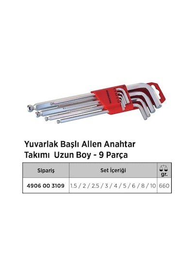 Tr Feyza Yapı Yuvarlak Başlı Allen Anahtar Takımı Altı Köşe Uzun Boy 9 Parça Çelik 1.5-10 Mm