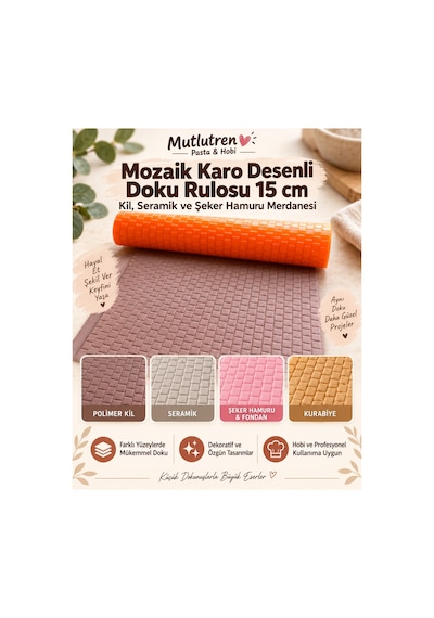 Mozaik Karo Desenli Doku Rulosu 15 Cm Kil, Seramik Ve Şeker Hamuru Merdanesi Çok Renkli