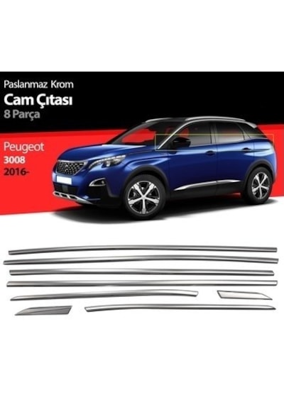 Peugeout 3008 2016+ Alt Cam Çıtası 8 Parça Krom