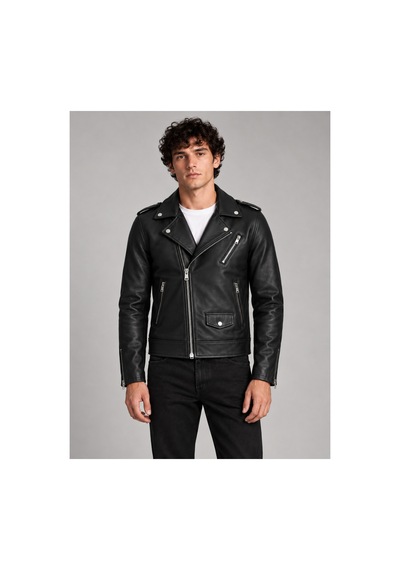 Maison Rae Erkek Siyah Slim Fit Biker Deri Ceket Fermuar Ve Cep Detaylı