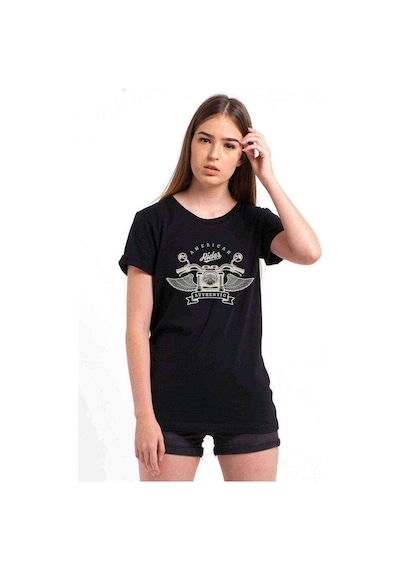 American Motor Authentic Baskılı Siyah Kadın Tshirt