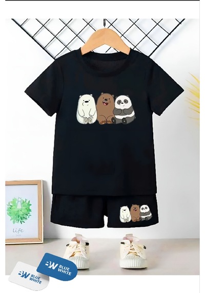 Ss Sinser Erkek/kız Çocuk '' 3'lü Panda '' Baskılı Tişört-şort Alt - Üst Çocuk Takım Renk:siyah