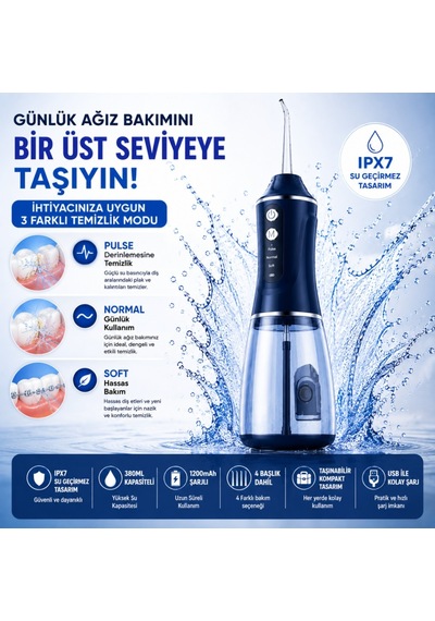 Polham Taşınabilir Şarjlı Ağız Duşu 380 Ml Diş Ve Diş Eti Bakım Cihazı ,1200 Mah, Ipx7 Su Geçirmez, 3 Temizlik Modlu, 4 Başlıklı