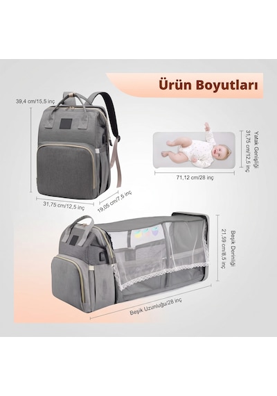 Alt Açma Yataklı Geniş Kapasiteli Fonksiyonel Çok Bölmeli Anne Bebek Bakım Sırt Çantası Gri
