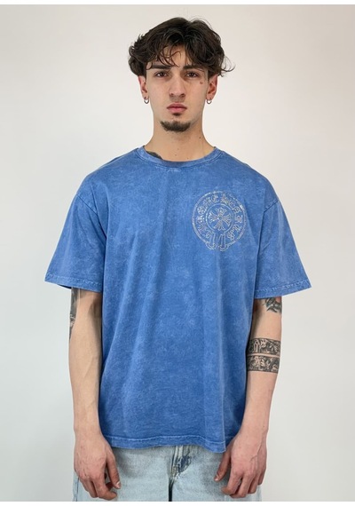 Zaee Vintage Washed Taşlı Oversize T-shirt Mavi