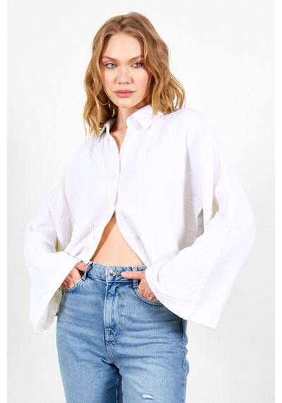 Manche Beyaz Kolları Salaş Yıkamalı Müslin Oversize Rahat Kalıp Kadın Basic Gömlek Mk166881 Manche Beyaz Kolları Salaş Yıkamalı Müslin Oversize Rahat Kalıp Kadın Basic Gömlek Mk166881