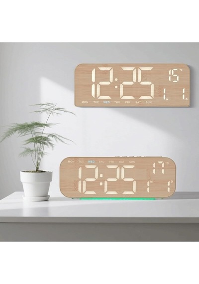 Büyük Ekranlı Ahşap Desenli Dijital Masa Saati 24x9x3 Cm Alarm Çalar Saat Rgb Renkli Led Işıklı Usb Ve Pil Bej