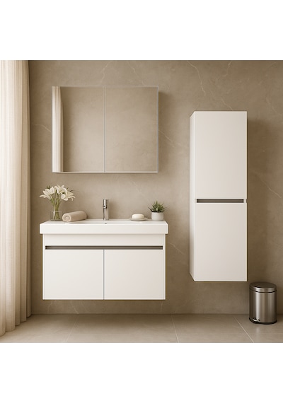 Arista 80 Cm Beyaz Mdf, Seramik Lavabolu, Alt - Üst Ve Boy Dolap Beyaz