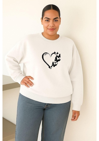Benroma 3 İplik Penye Kelebekli Kalp Baskılı Büyük Beden Unisex Sweatshırt Beyaz