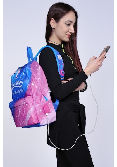 Coral High Saks Mavi ve Pembe Desenli Sırt Çantası - Okul ve Günlük - USB+AUX Soketli