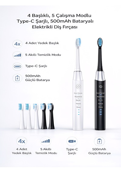 Deanb 500mah Titreşimli Elektrikli Diş Fırçası 5 Modlu 4 Yedek Başlık Beyaz