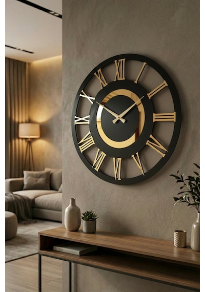 Siyah Ve Ceviz Renk Gold Sayılı Hediyelik Ahşap Dekoratif Farklı Desenli Ev Duvar Saati 50cm Ceviz