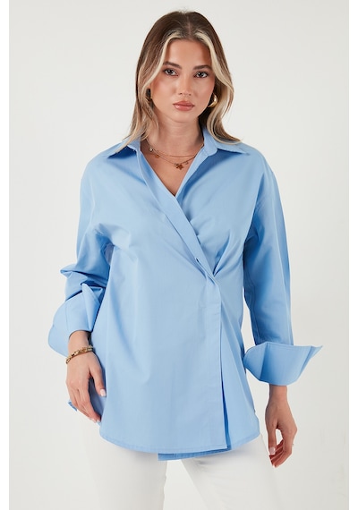 Lela Regular Fit Klasik Yaka Bağlamalı Uzun Kollu Bayan Gömlek 6834987 Mavi