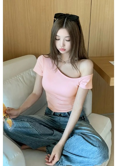 Pembe Kadın Düşük Omuz Kayık Yaka Dar/slim Likralı T-shirt Pembe