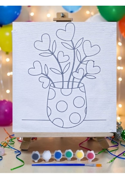 Saksıda Çiçek Tuval Boyama Aktivite Seti 19x19 Cm Tuval, Şövale, Fırça Ve 6 Renk Akrilik Boya Seti