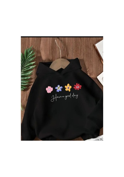 Herkesemoda Have A Good Day Baskı Detaylı İçi Polarlı Kapüşonlu Sweatshirt Siyah