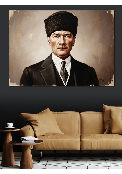 Siyah Beyaz Kalpak Başlıklı Atatürk Dekoratif Kanvas - Mdf Ahşap Tablo