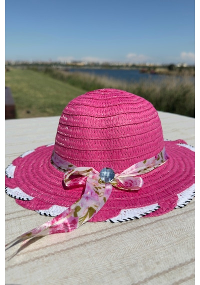 Mollycrush Yazlık Hediye Kız Çocuk Hasır Pembe Şapka Güneş Koruyucu Plaj Şapkası Pembe