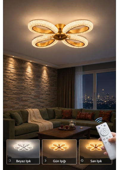 Yagmur 4lu Avize 3 Renk Led Isıklı Kumandalı Salon Avize Oturma Odası Avize Gold