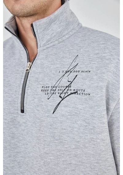 Erkek Yarım Fermuarlı Baskılı 3 İplik Pamuklu Sweatshirt - Gri