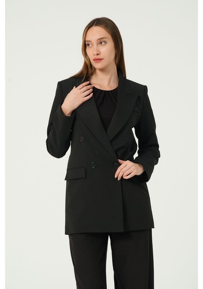Siyah Regular Astarlı Kruvaze Kapama Dokuma Blazer Ceket 001