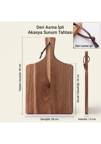 Deri Asma İpli Akasya Ahşap Sunum Tahtası, 40 28 1,5 Cm, 25 Cm Gövde Yüksekliği, Saplı Dikdörtgen Servis Tabağı, Peynir Ve Atıştırmalık Sunumu, 1 Adet Çok Renkli