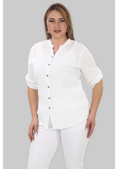 Lady Majestic %100 Cotton Hakim Yaka Büyük Beden Kadın Müslim Kumaş Gömlek Beyaz