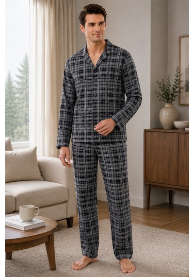 Free Beka Ekose Desenli Uzun Kollu Gömlek Yaka Düğmeli Erkek Pijama Takımı Gri