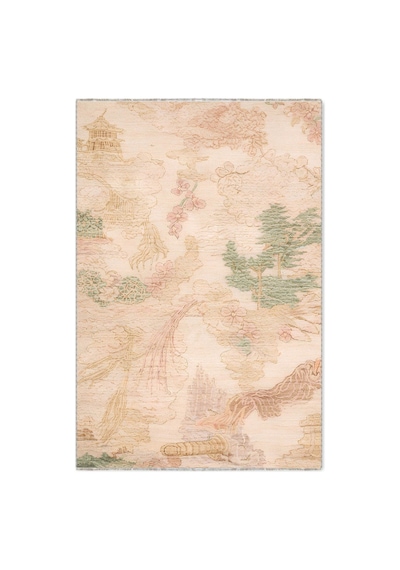 Salon Halısı Bej Pudra Yeşil Japon Bahçesi Desenli Th-3036 Pudra Rengi - Pembe - Yeşil
