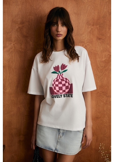 Grimelange Sprıne Kadın Yumuşak Kumaşlı %100 Pamuklu Baskılı Regular Beyaz T-shirt