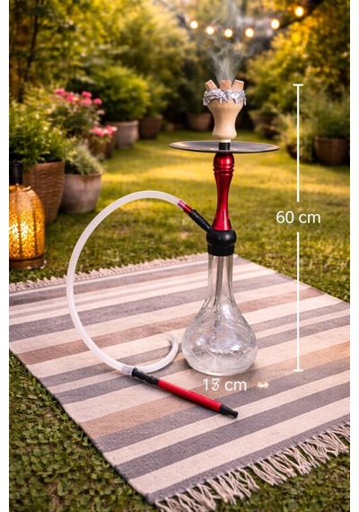 Nargile Takımı 60 Cm Büyük Boy Cam Şişe 17 Cm Çap Modern Kırmızı Gövde Bahçe & Balkon Kullanımına Uygun Şık Nargile