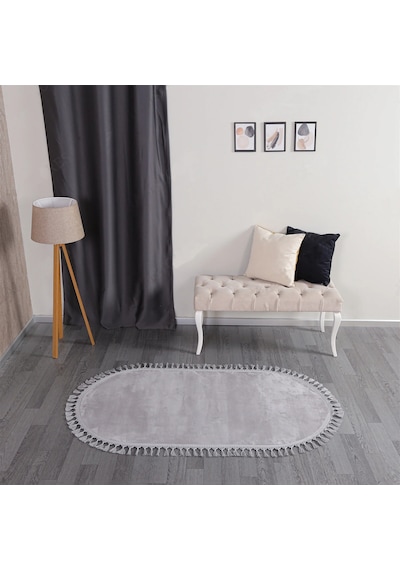 Açık Gri Fluffy Düğüm Saçaklı Oval Post Peluş Halı Kaymaz Taban