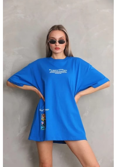 Ge Ticaret Unisex Bisiklet Yaka Baskılı Oversize T-shirt - Mavi Mavi