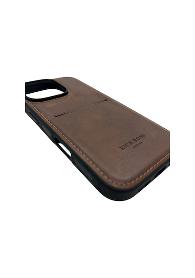 Apple Uyumlu iPhone 16 Kartlıklı Rich Boss Lüx Deri Kılıf Koyu Kahverengi