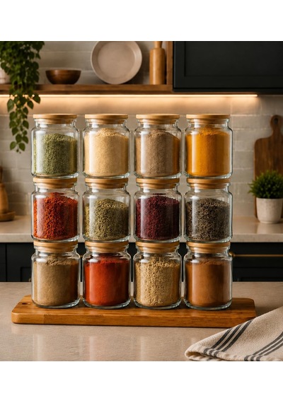 12 Adet Hava Geçirmez Doğal Bambu Kapaklı Cam Kavanoz Seti - 920 Ml Çok Renkli