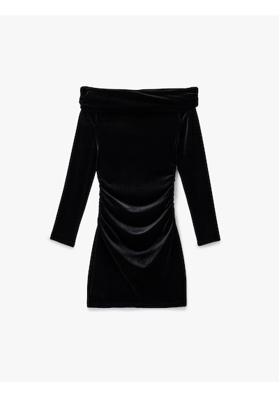Koton Slim Fit Uzun Kollu Omzu Açık Madonna Yaka Mini Kadife Elbise Siyah 6wak80188ek Siyah